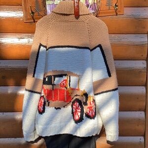 🛻 Vtg Handknit Cowichan Inspired Zip Cardigan Sweater Truck UNISEX LG/XL EPLVC